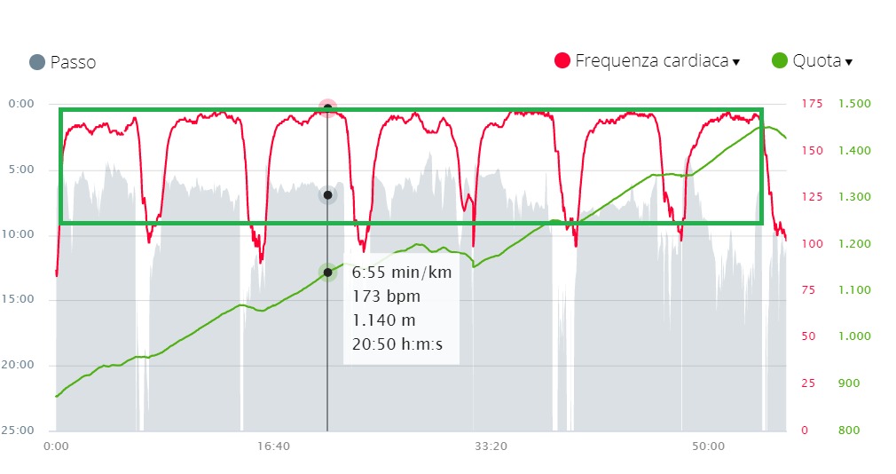 Grafico di allenamento con passo, frequenza cardiaca e quota